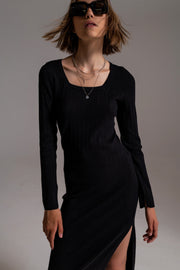 Midi Knit Dress With Square Neckline in Black