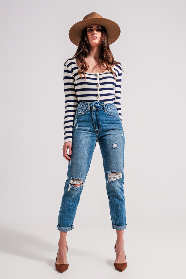 Asymmetric Button Detail Jeans in Mid Blue