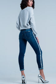 Dark Wash Jeans With Silver Shiny Side Stripe