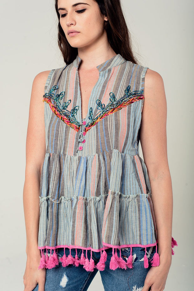 Sleeveless Blouse With Tassels and Embroidery in Grey