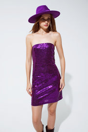 Sequin Bandeau Mini Pencil Dress in Purple