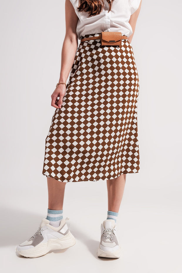 Brown Checkerboard Midi Skirt