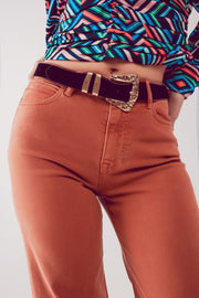 Cotton Blend Wide Leg Jeans in Orange