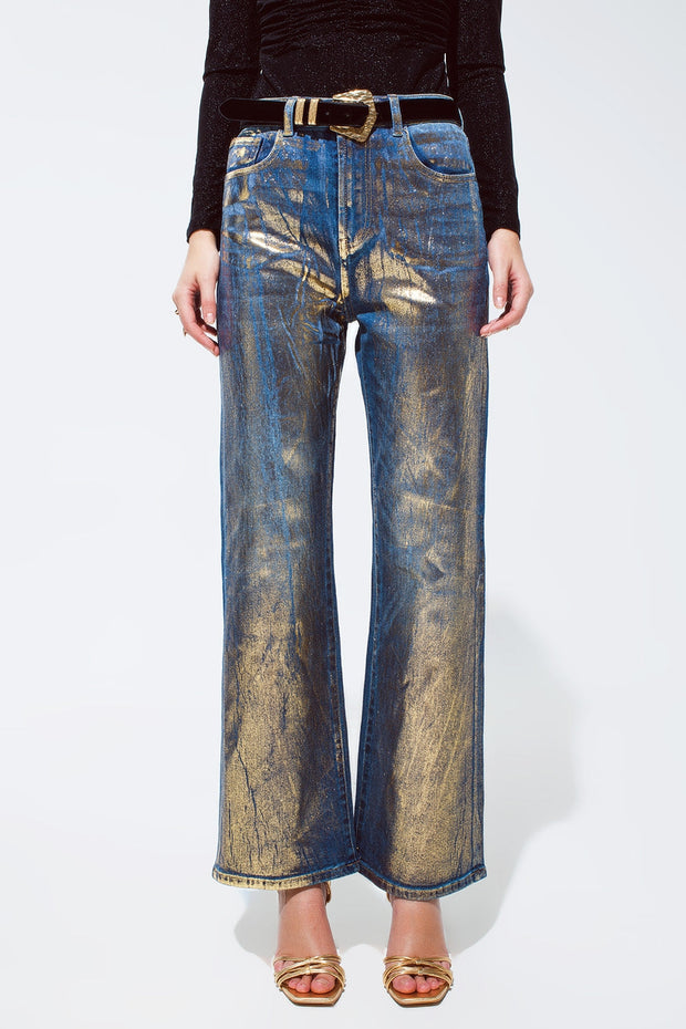 Straight Leg Jeans With Gold Metallic Finish