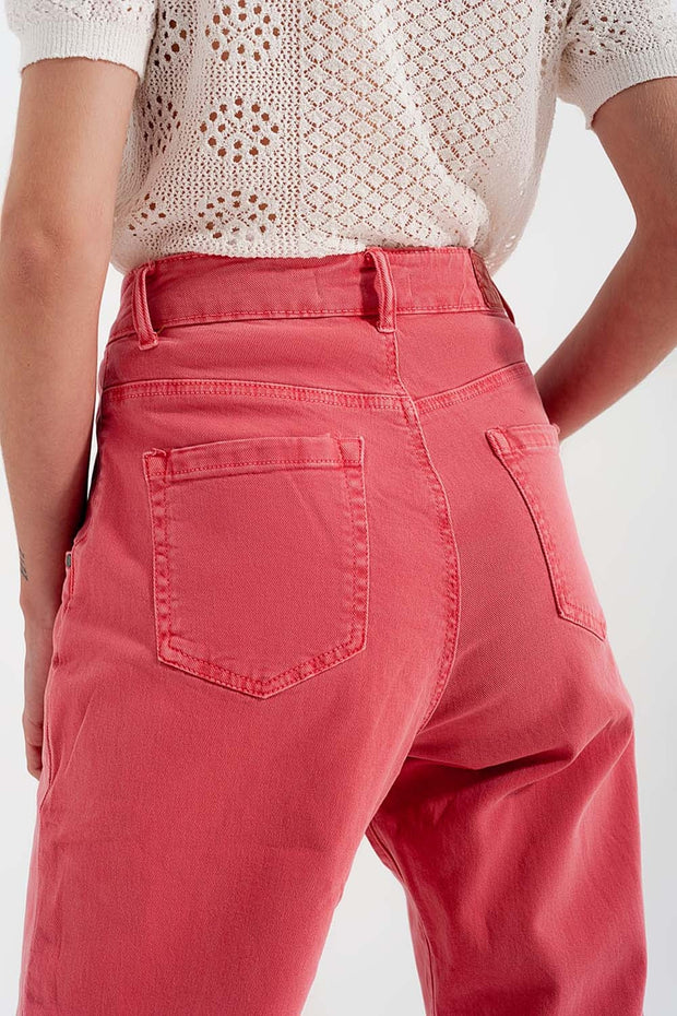 High Rise Mom Jeans With Pleat Front in Pink