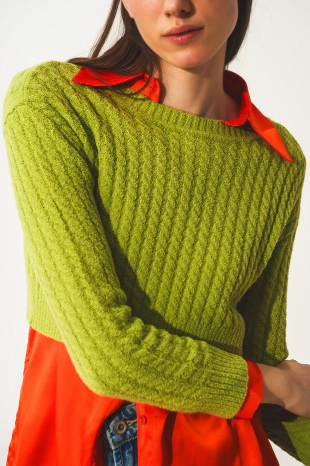 Round Neck Cable Knit Crop Jumper in Lime Green