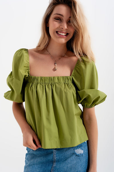 Poplin Balloon Sleeve Top in Green