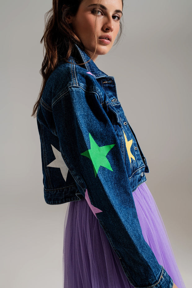 Crop Denim Jacket With Multicolored Stars