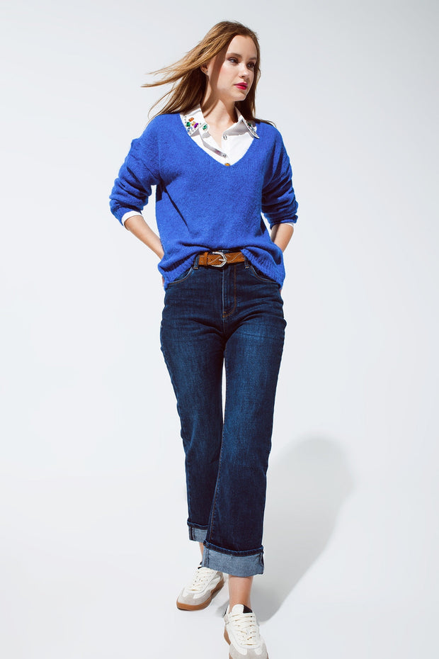 Soft Blue Jumper With Wide V-Neck