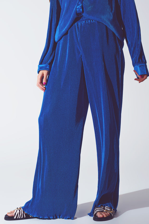 Satin Pleated Wide Leg Pants in Blue