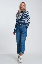 High Waisted Mom Jeans With Two Ruffles in the Waistline in Dark Wash Blue