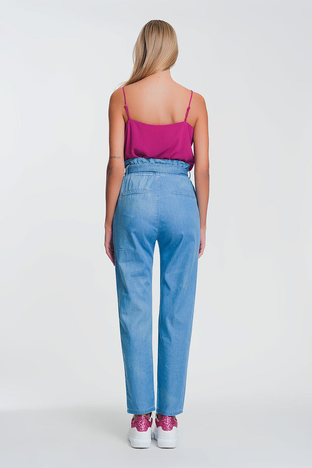 Lightweight Paperbag Tie Waist Jean in Light Blue