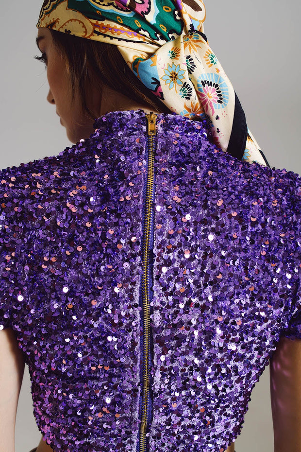 Cropped High Neck Top in Purple Sequin