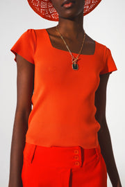 Square Neck Puff Sleeve Sweater in Orange