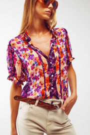 Button Down Shirt With Floral Print and Puff Short Sleeves