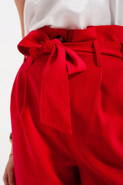 High Waist Belted Paperbag Trousers in Red