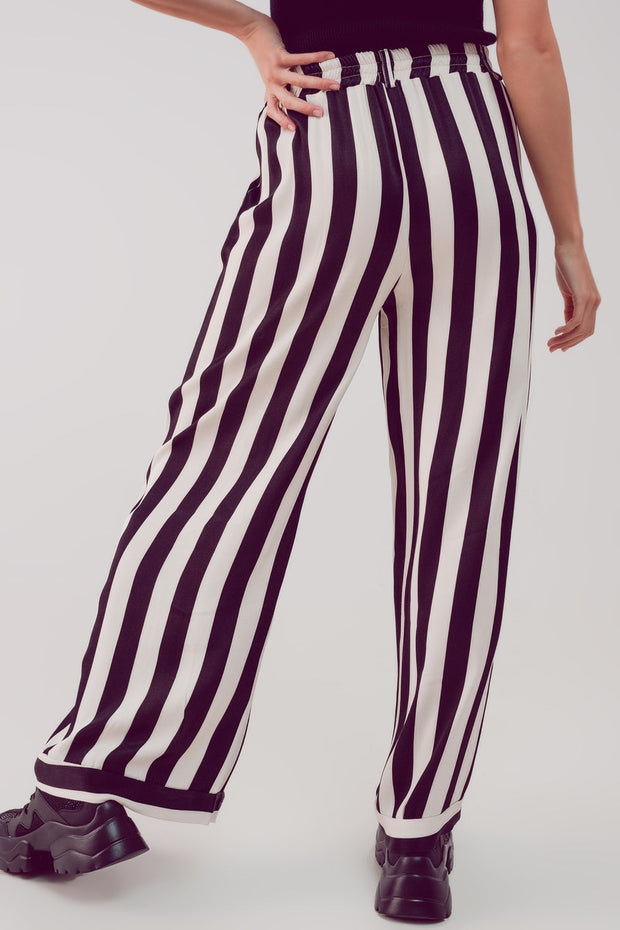 Satin Wide Leg Stripe Pants in Black