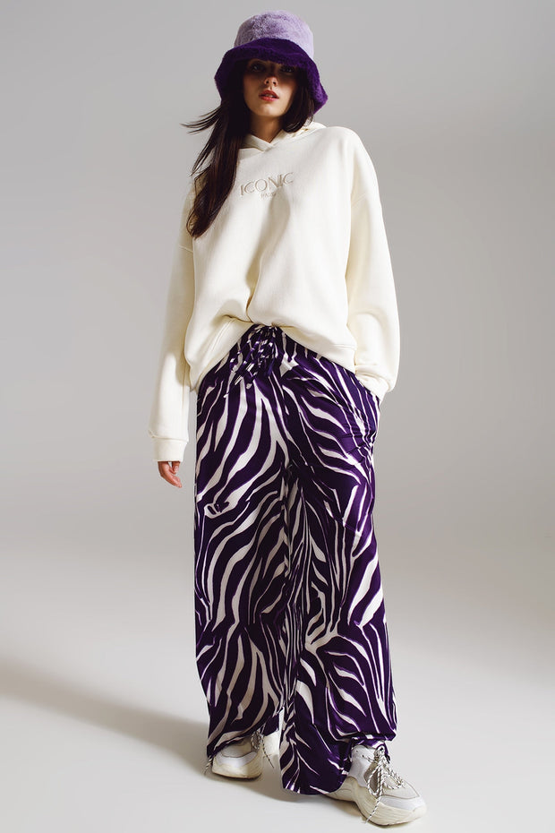 Straight Pants With Zebra Print in Purple and White