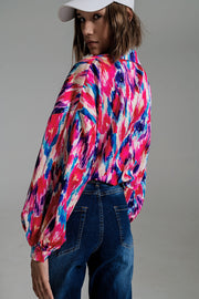 Oversized Button Down Shirt in Abstract Pink and Blue Print