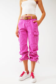 Cargo Pants With Tassel Ends in Fuchsia