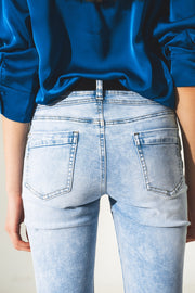 Distressed Straight Jeans With Hem Detail in Blue