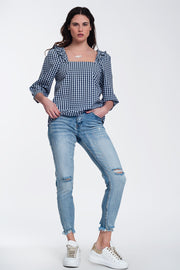 Check Square Neck Top in Navy