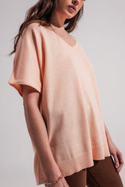 Short Sleeve Jumper With v Neck in Pink