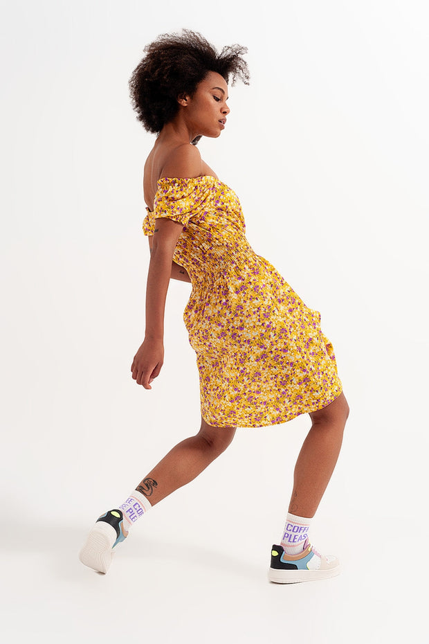 Mini Dress With Shirred Detail in Yellow Ditsy Floral Print