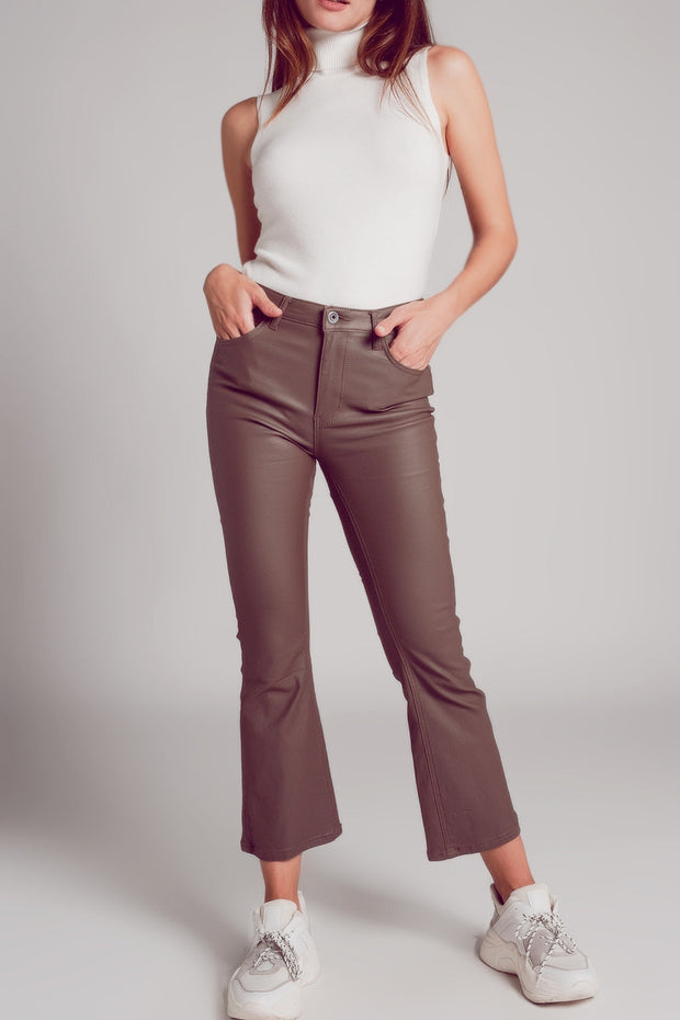 Stretch Faux Leather Flare Pants in Beige