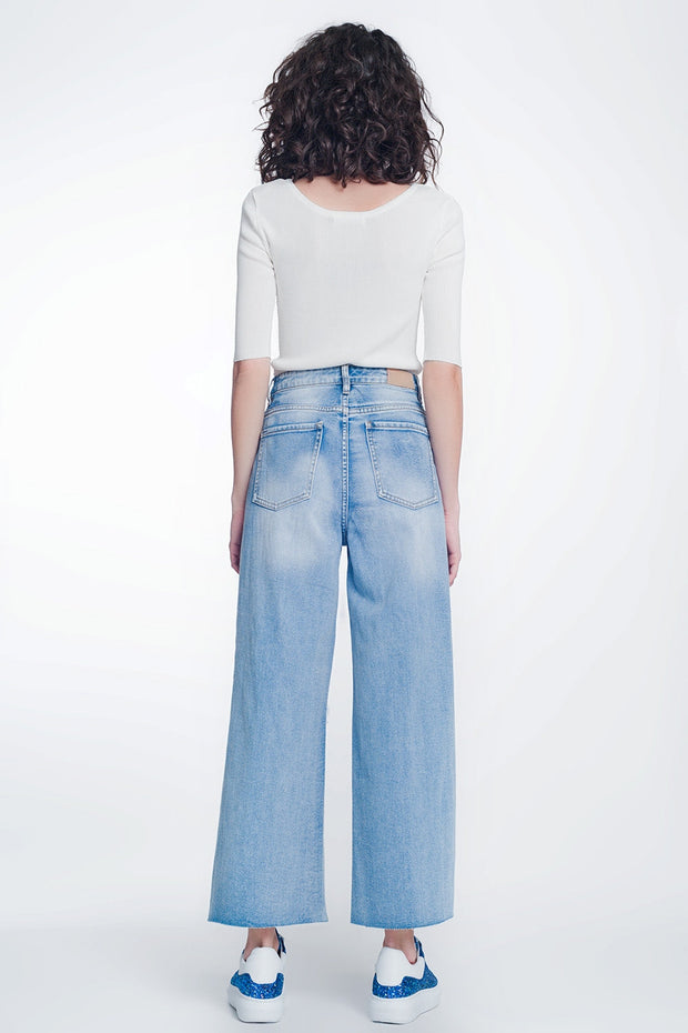 Wide Leg Cropped Raw Hem Jeans in Light Blue