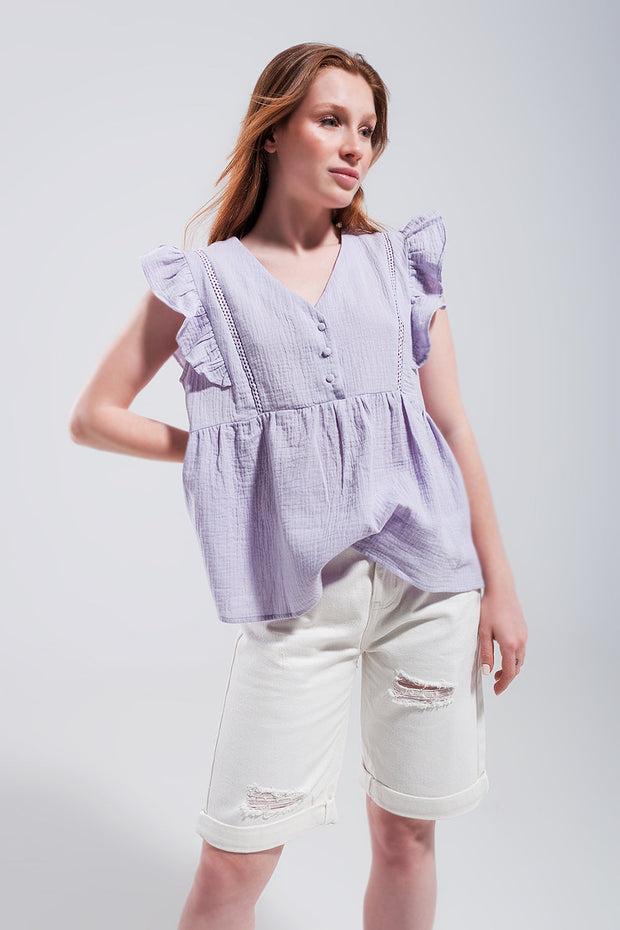 Cotton Tank Top With Ruffle Sleeves in Lilac