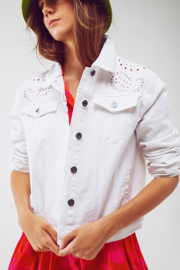 Broderie Denim Jacket in White