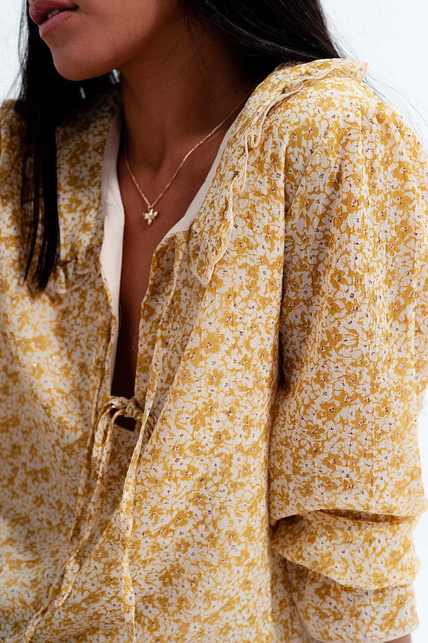 Tie Front Chiffon Blouse in Yellow Floral Print