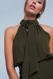 Khaki Jumpsuit With Back Bow