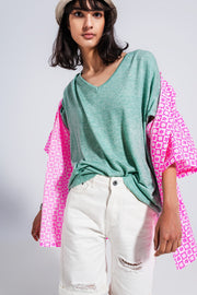 Short Sleeve Jumper in v Neck in Green