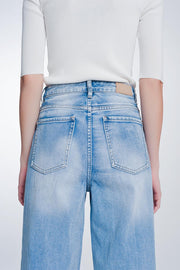 Wide Leg Cropped Raw Hem Jeans in Light Blue