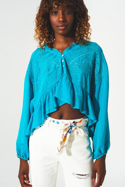 Shirred Crop Top With Embroidery in Blue