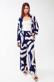 Relaxed Wide Leg Pants in Blue Abstract Print