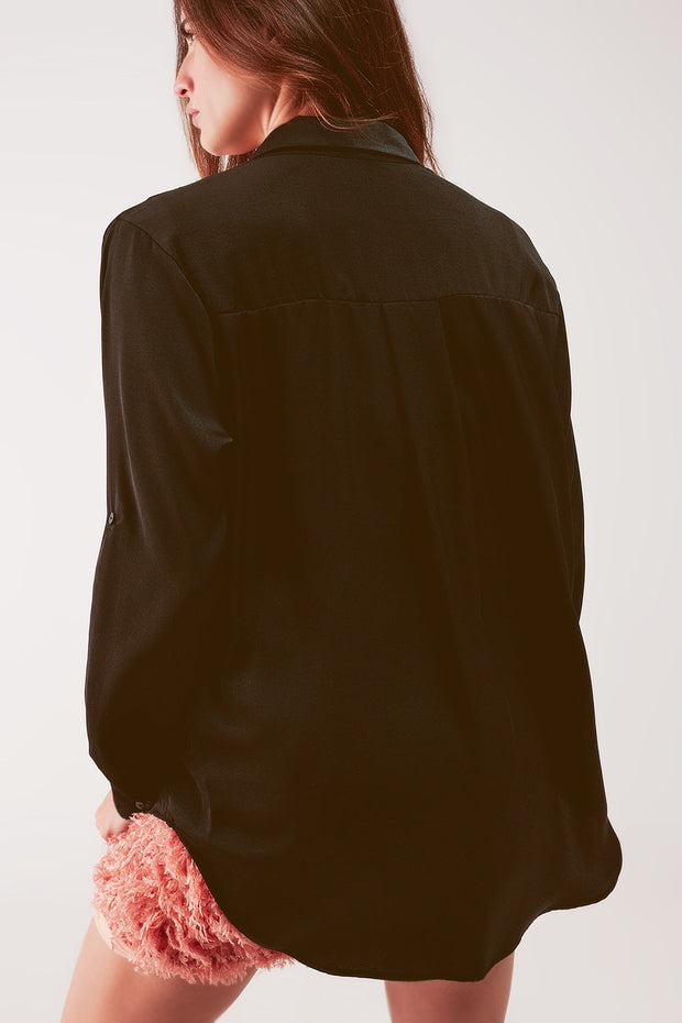 Relaxed Satin Long Sleeve Shirt in Black