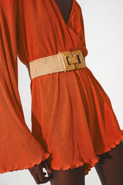 Satin Wrap Deatil Pleated Short Jumpsuit in Orange