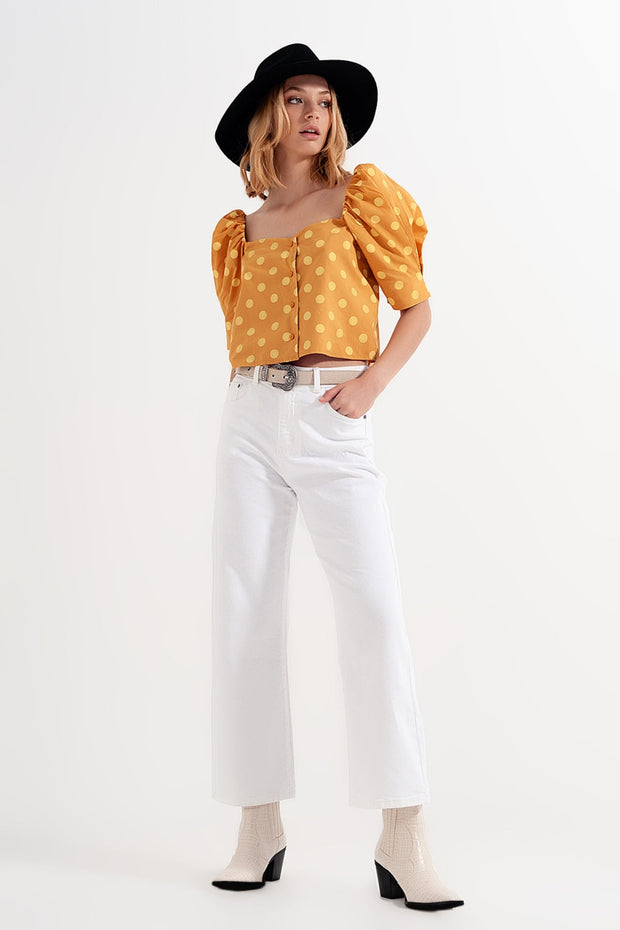 Polka Dot Top With Puffed Sleeves and Square Neckline in Yellow