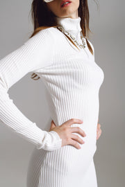 Midi Bodycon Knitted Dress With Turtle Neck in White