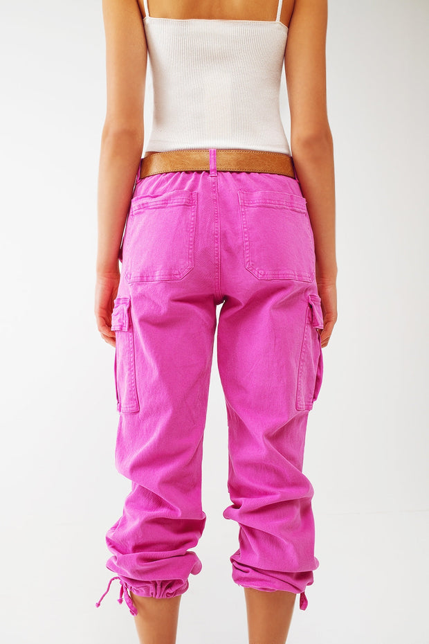 Cargo Pants With Tassel Ends in Fuchsia