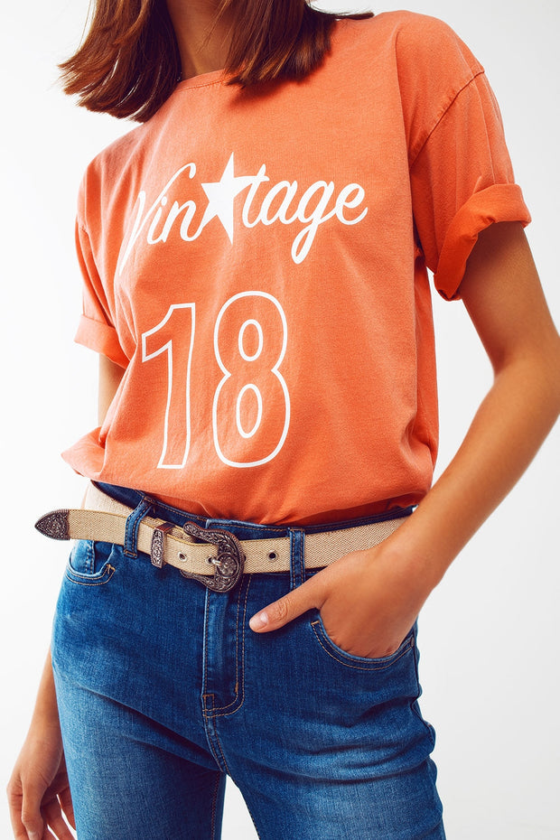 T-Shirt With Vintage 18 Text in Orange