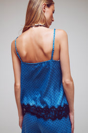 Cami Top With Lace Detail in Blue and Black Polka Dot