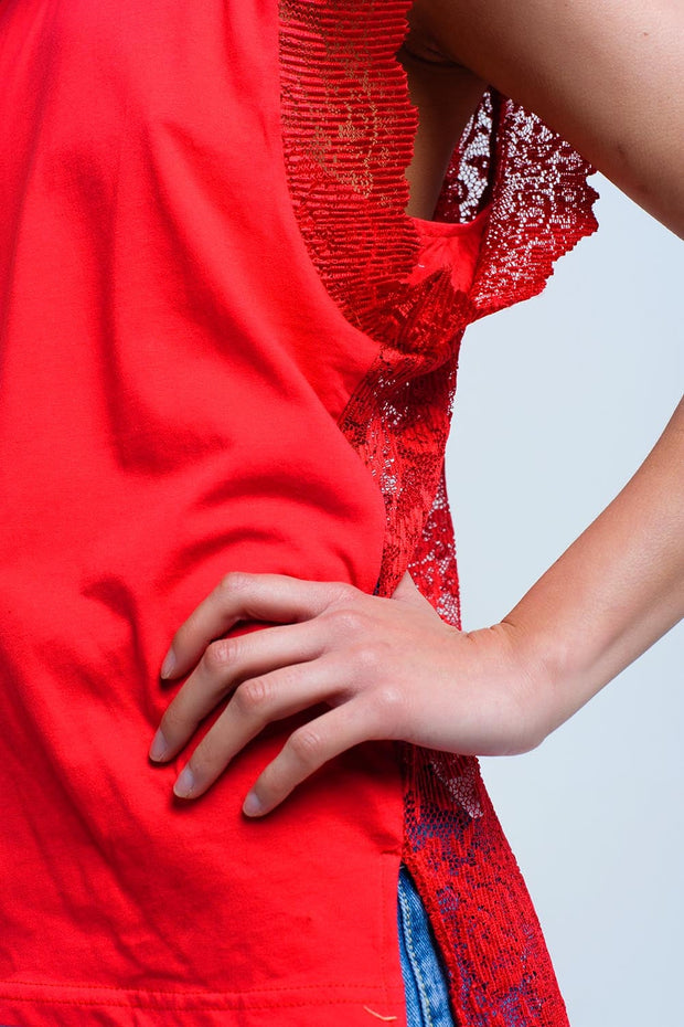 Red Top With Lace Back and Ruffles