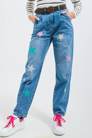 High Waist Slouch Jean With Pleat Front With Star Print