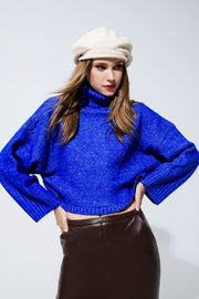 Cropped Chunky Knit Sweater With Turtle Neck in Blue