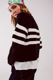 2 in 1 Striped Sweater With Shirt Underlay in Black