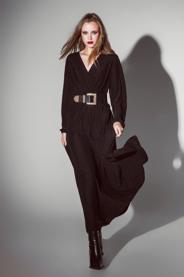 Party Long Sleeve Maxi Dress With Glitter in Black